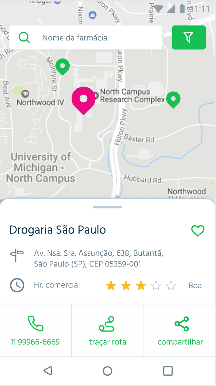 O aplicativo permite que você pesquise produtos e encontre drogarias para conseguir os melhores descontos