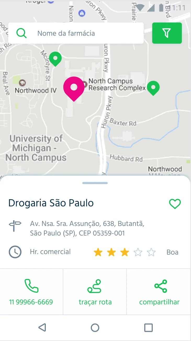 O aplicativo permite que você pesquise produtos e encontre drogarias para conseguir os melhores descontos
